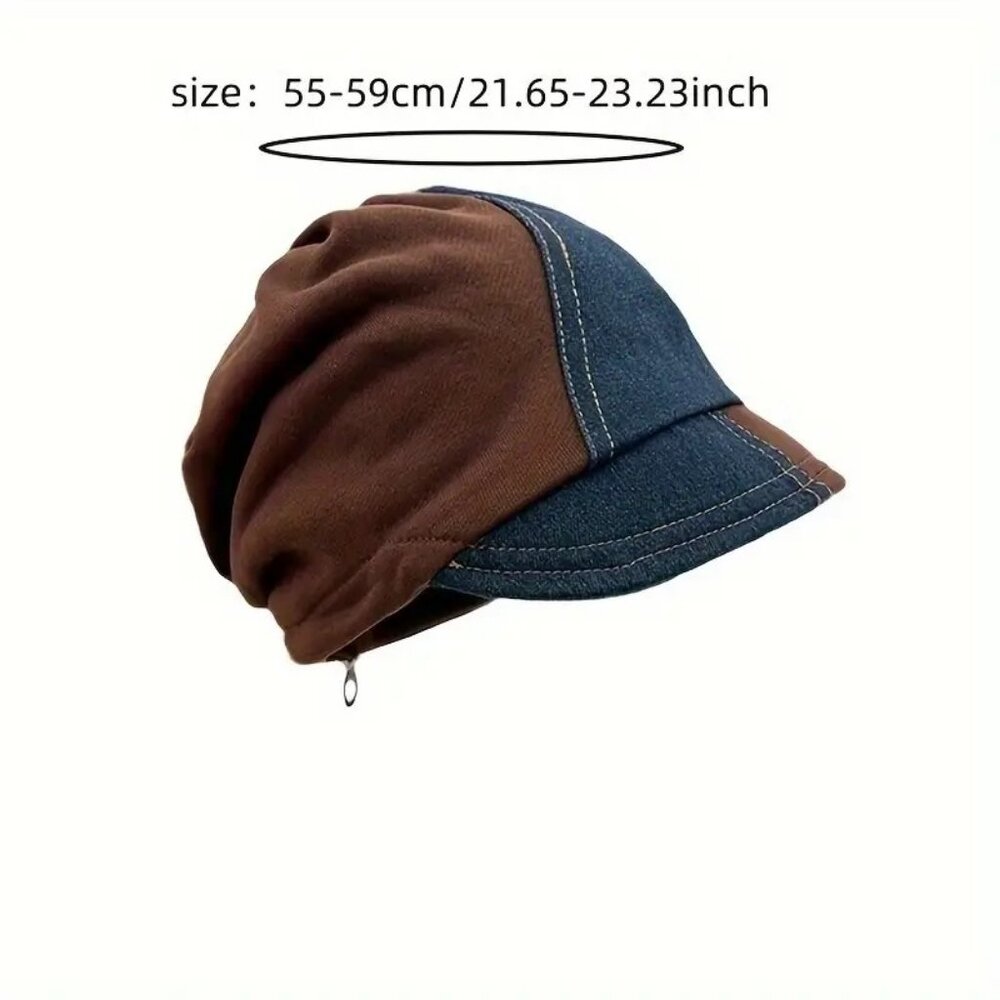 Denim Patchwork Small Brim Drawstring Beanie Hat … - image 3